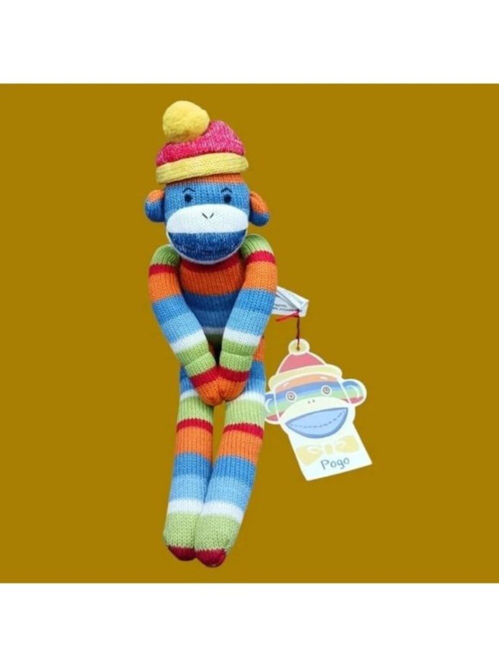 Monkeez & Friends Pogo Striped Sock Monkey Plush Multicolor Pom-Pom Hat